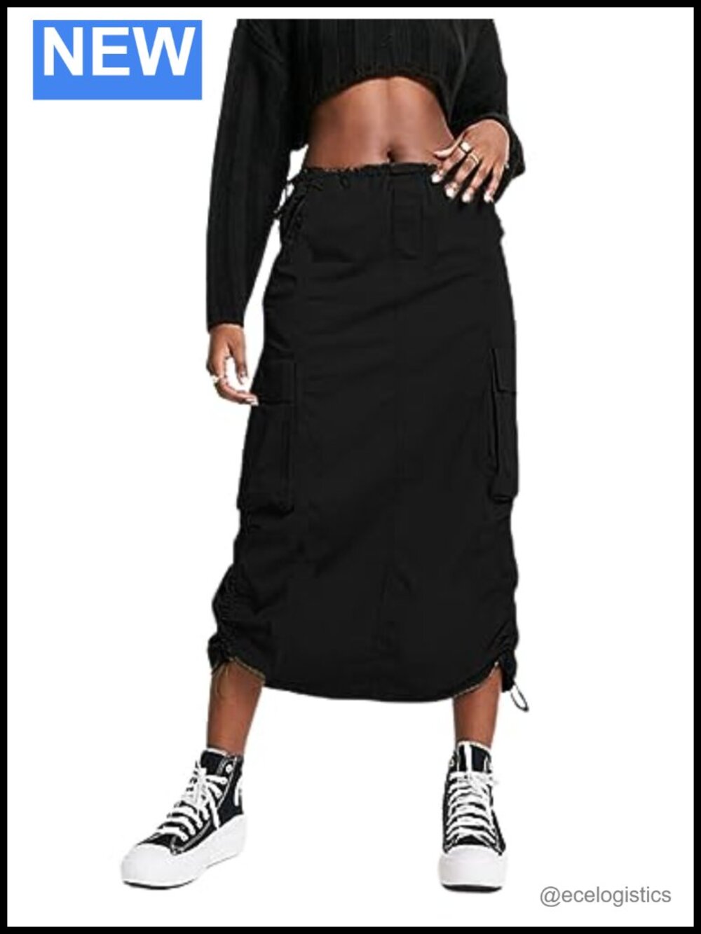 Y2K Cargo Maxi Skirt Low Waist Drawstring with Pockets